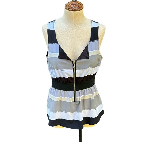 Guess Zip Front Top Black & Grey Elastic Waist Top Blouse Women’s Medium - Picture 1 of 10